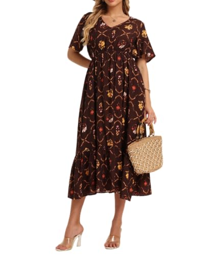 Image of Women's Summer Short Sleeve Maxi Floral Flowy Dresses with Pockets