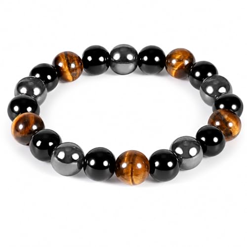 Triple Protection Bracelet for Men & Women - Natural Tiger Eye, Black Obsidian & Hematite Beaded Bracelet - 10mm Healing Crystals for Luck, Prosperity & Spiritual Protection - Meaningful Gift