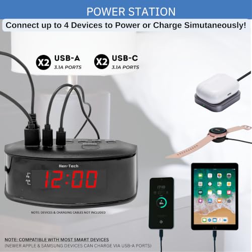 Digital Alarm Clocks for Bedrooms, 2 x USB-C and 2 x USB-A Charging Ports. Loud Alarm Clock for Heavy Sleepers Perfect for Bedroom, Desk, and Office.