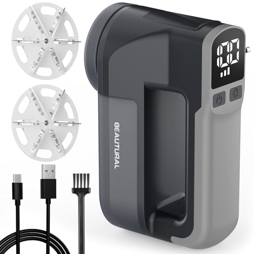 BEAUTURAL Fusselrasierer, Wiederaufladbarer Flusenentferner Elektrisch, 3 Geschwindigkeiten, 6-Klingen Leistungsstarker Wollrasierer mit Großem Behälter für Kleidung Möbel Decken Wolle