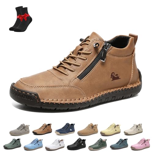 Women's Handmade Leather Orthopedic Comfy Shoes Unisex Leather Trainers with Side Zip Flats Soft Slip On Orthopedic Trainers(Brown,8 UK)