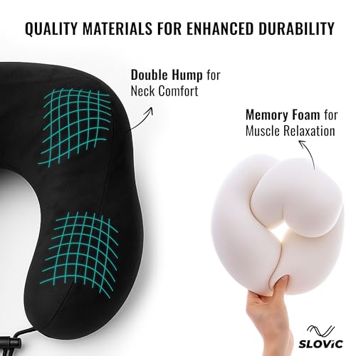 Image of SLOVIC Neck Pillow for Travelling | Premium Memory Foam Pillow for Flight, Car, Bus, Train | 360 Neck Support with Soft Fabric | Travel Accessories | Includes Carrying Bag