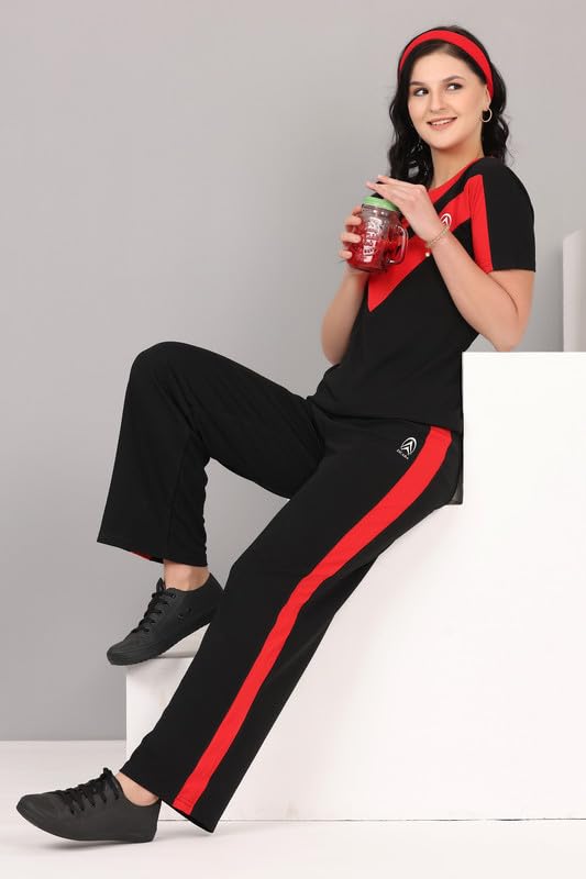 Image of Women's Cotton Blend Athletic Tracksuit - Round Neck Pullover Top & Bottom Set for Women and Girls | Sportswear & Loungewear Co-ord Set