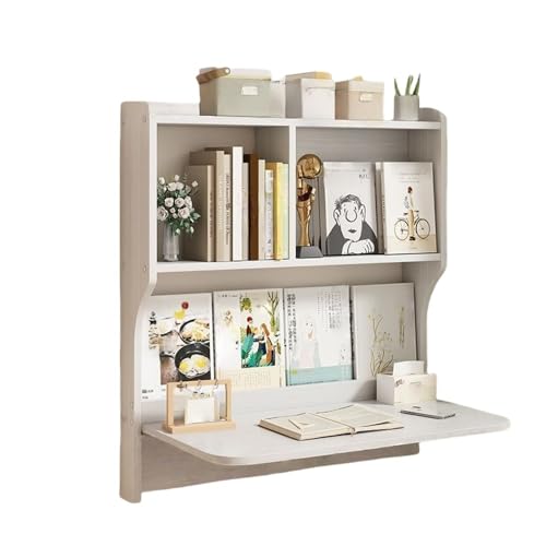 Pink Palm Escritorio Plegable de Pared con estantería, Mesa abatible de Madera Que Ahorra Espacio para Estudio, Dormitorio, apartamento pequeño (Blanco)