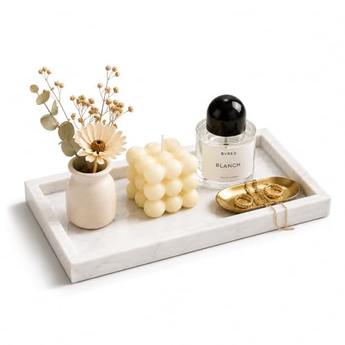 WORHE Italy Marble Vanity Tray for Jewelry, Perfume, Makeup, Candle,Towel Natural Modern Decorative Trays for Bathroom Bedroom Dresser Rectangle Kitchen Storage Organizer for Home Decor White (FX031)