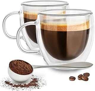 Double Walled Glass Mugs - Coffee Cup / Glasses, Glass Coffee Mugs Latte Glass with Handle, Set of 2, Dishwasher / Microwave Friendly, Lightweight & Durable, 250ml