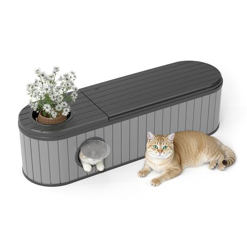 EFU Cat Litter Box Enclosure, Durable Resin Hidden Litter Box Furniture with Top Storage Groove & Front Entry Door, Easy to Clean Cabinet for Indoor Outdoor Use(Grey)