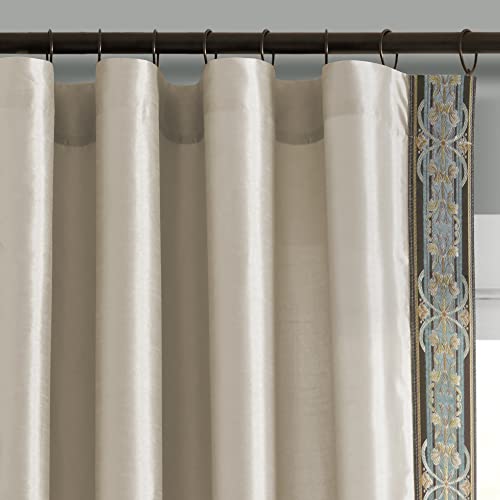 Lush Decor Luxury Traditional Regency Faux Silk Border Trim Window Curtain Panel (Single), 84" L X 52" W, Neutral & Dusty Blue #TOP14