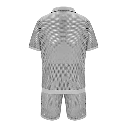 Men's Mesh Shirts And Shorts Sets Summer 2 Piece Outfits Button Down Knit Tops And Beach Shorts Sports Jogging Suits Gray #TOP3