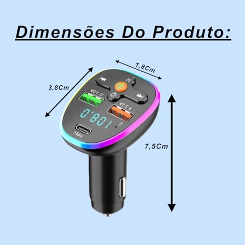 Carregador Transmissor Adaptador FM Bluetooth Para Carro Acendedor Veicular LED Dupla Entrada USB Ca
