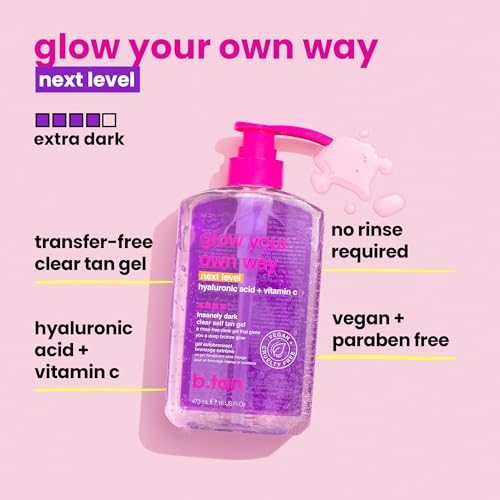 Image of b.tan Insanely Dark Clear Self Tanner Gel | Glow Your Own Way Next Level - Best, Transfer-Resistant Sunless Tanning Lotion, Ultra Quick Bronze, No Fake Tan Smell, 16 Fl Oz