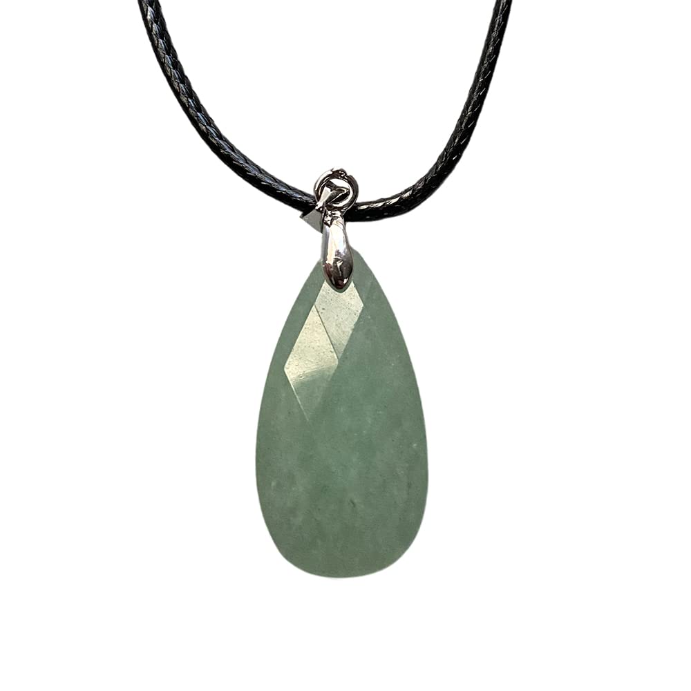 VIE Teardrop Faceted Pendant with Black Cord, 2.5x1.5cm, Green Aventurine