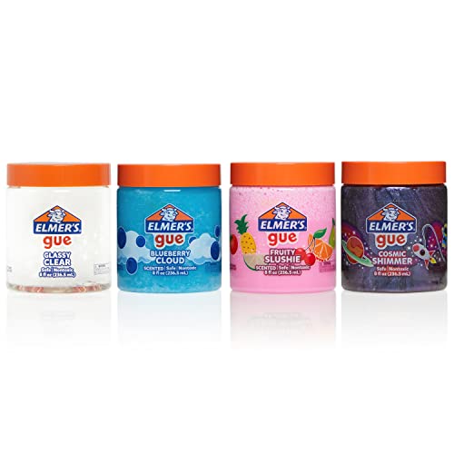 Elmer's Gue Premade Slime Variety Pack, Clear, Scented, Glitter, 4 Count - Perfect for Kids Activity, Summer, Arts & Crafts, School Classroom, Birthday Party Gift