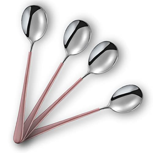 Image of Stainless Steel Dinner Spoons Set of 4, Silver Table Spoons with Elliptical Head, Mirror Finish Cutlery for Dining, Rice, Curry & Dessert Use, 21 cm (Pink)