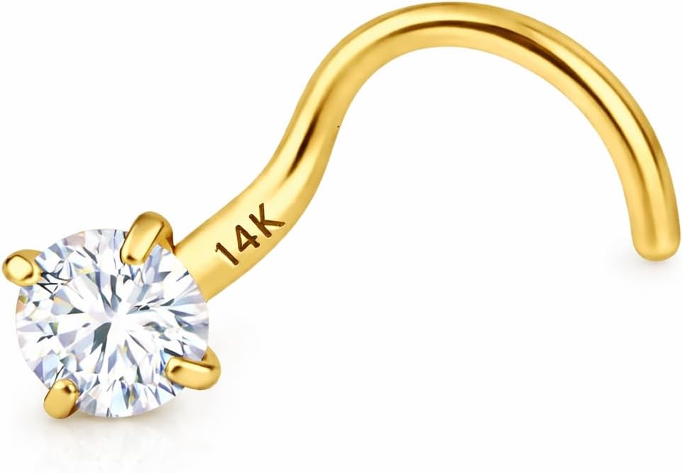 14K Solid Yellow Gold Twisted Screw Bar Nose Stud 20 GA Diamond Nose Stud Hypoallergenic Real Gold Made In USA.