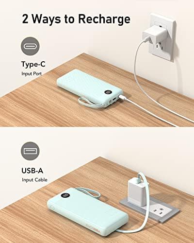 VEEKTOMX Power Bank with Built-in Cables, 20000mAh USB C Portable Charger with 5 Outputs & 2 Inputs and LED Display, External Battery Bank for iPhone/iPad/Samsung S22/21/20 (20000mAh-Blue