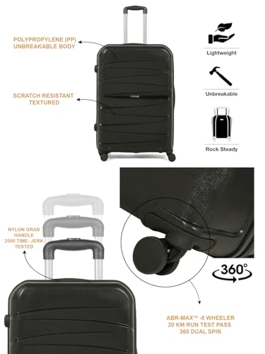 Image of Teakwood Small-Medium-Large Size 8 Wheels Trolley Bag, Hard Cabin with Zipper Closure, Adjustable Push Button & TSA Lock System 360 Degree (Set of 3, Black)
