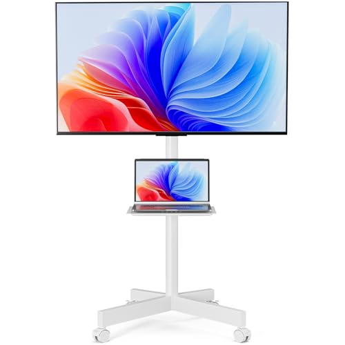 HOLMAXD Mobile TV Stand for 23-65 Inch LCD LED Flat/Curved Panel Screen TVs, Height Adjustable Rolling TV Stand with Tilt Mount and Shelf, Portable Stand Holds up to 110 lbs, Max VESA 400x400mm, White