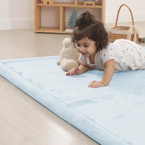 Image of 1.5 inch Thick Padded Baby Play Mat for Floor Tummy Time, Pro Soft Foam Activity Playroom Playmats, Easy Care with Non-Slip Safe for Infant Toddler Kids Crawling 39 inchx 59 inch (Blue)