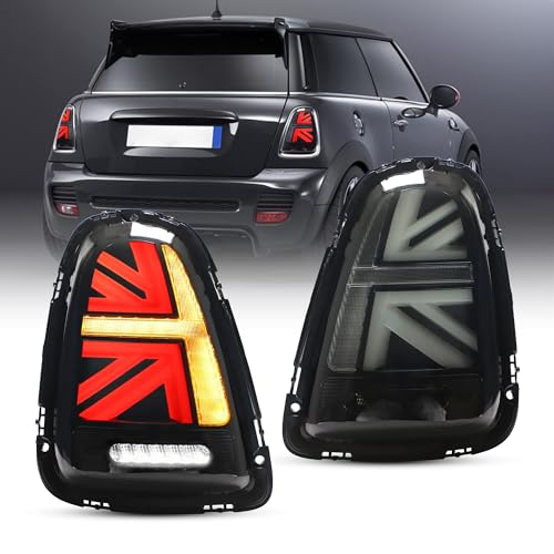 VLAND Union Jack LED Tail Lights for 2007-2013 Mini Cooper R56 R57 R58 R59, Smoked Sequential Turn Signal Plug and Play LED Rear Lamps, Not For F Series & Clubman R55