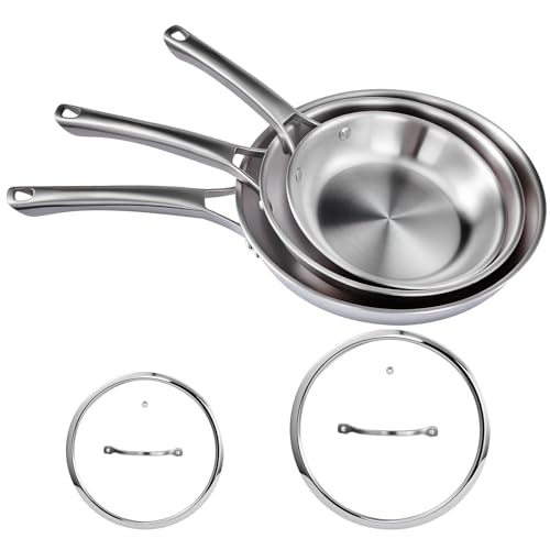 VINGLI 8'' 10'' 12'' Stainless Steel Frying Pan Set, Tri-Ply Skillets Set with Lids, Non-Toxic Chef's Pan, PFOA & PTFE Free, Compatible for All Cooktops, Dishwasher & Oven Safe (5-Pcs Skillets Set)