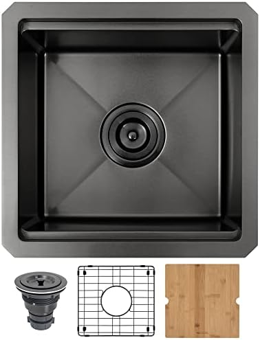 MONSINTA Black Bar Sink, Undermount Bar Sink, 15" x 15" Small Bar Sink, RV Sink, 16 Gauge Stainless Steel Workstation Kitchen Sink with Sink Protector, Cutting Board and Sink Drain Assembly