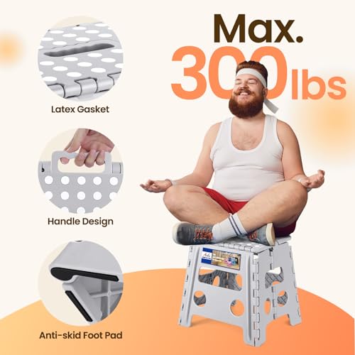 Image of ACKO Folding Step Stool Foldable Stool 13 inch Plastic Stools for Kids and Adults Up to 300 lbs,Stepping Foot Stool with Portable Handle for Kitchen Closet Bedroom (Grey)