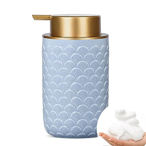 Foaming Soap Dispenser, Ceramic Foam Hand Dish Liquid Soap Dispenser for Bathroom, 12 oz Refillable Lotion Soap Dispenser with Gold Pump, Modern Bathroom Decor (Blue)