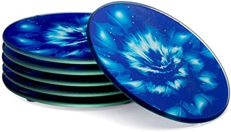 Set of 6 Round Drink Coasters, Blue Floral Design, Gift Boxed, Tempered Glass, Non Slip, Suit Indoor or Outdoor, Kitchen, Dining, Living