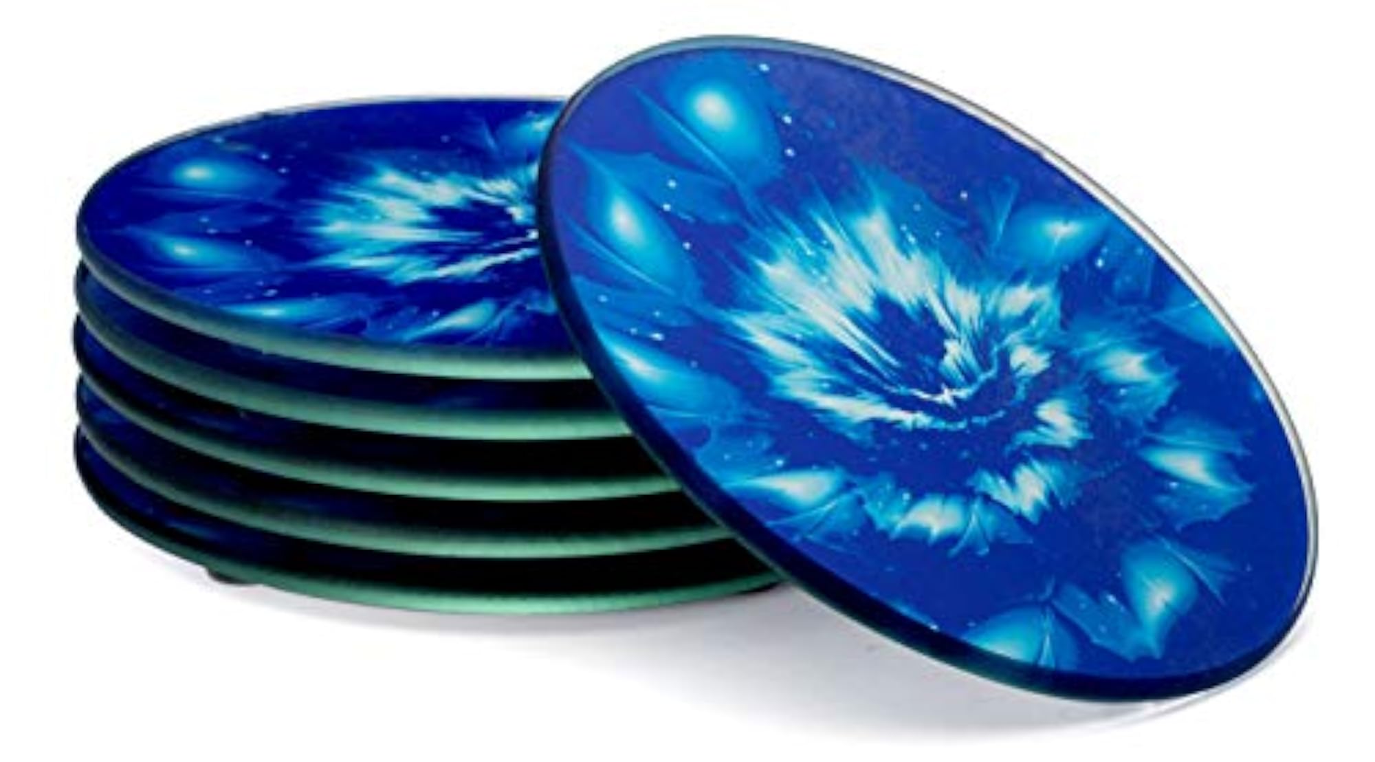 Set of 6 Round Drink Coasters, Blue Floral Design, Gift Boxed