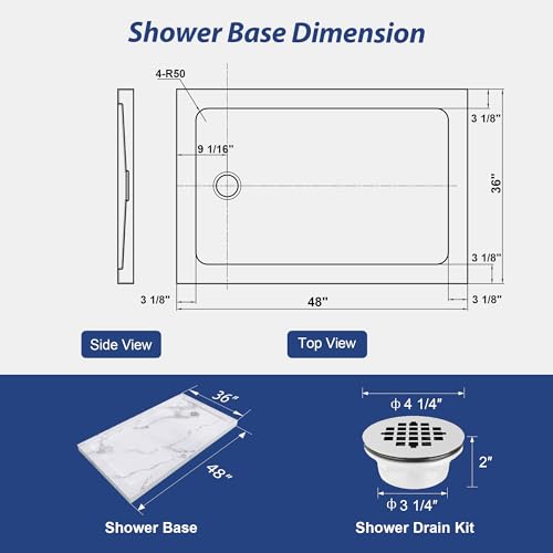 Image of KPUY 48'' X 36'' Shower Base Pan with Reversible Install, Carrara White