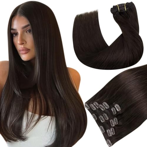 Hetto Clip in Hair Extensions Real Human Hair Dark Brown 16 Inch 120g 7pcs, Invisible Hair Extensions Clip in Human Hair