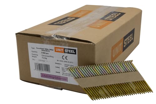 UnitSteel 34º Rundkopf Streifennägel - 2,8X63mm, 4.000 stück, Nägel für Druckluft-Nagler, Ring/verzinkt, für fast alle Marken von Tackern