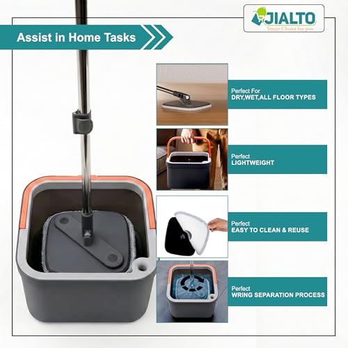Image of JIALTO 360 Spin Mop & Drop Bucket Deluxe System | Reusable Microfiber Pads, Self-Wringing Mop for Wet & Dry Cleaning of Walls, Glass & Tiles and Home Floor Cleaning - Grey and Orange (Square)