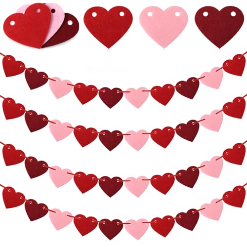 HJZHII 4 Pcs Red Felt Heart Streamers Red Heart Banner Hearts Garland Hanging Streamers Valentines Day Hearts Hanging Bunting Banner RedFelt Bunting Banners for Engagement Wedding Anniversary Party