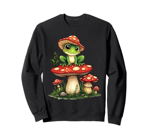 Frog on Mushroom Cartoon Aesthetic Art Sudadera