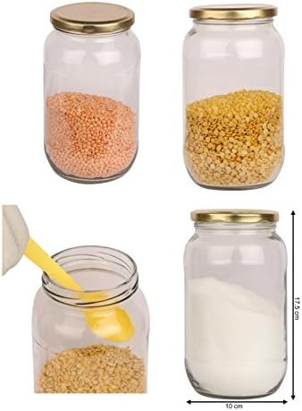 Pure Source India Glass Jar Container Set of 4 Pieces, With Airtight Food Safe and Rust Resistance Metal Golden Color Lid (Capacity Each Jar-1Ltr-Clear)