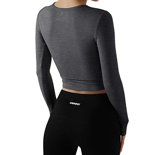 ODODOS Women's Crop Top Front Wrap See Through Cover Long Sleeve Top, Charcoal, Small