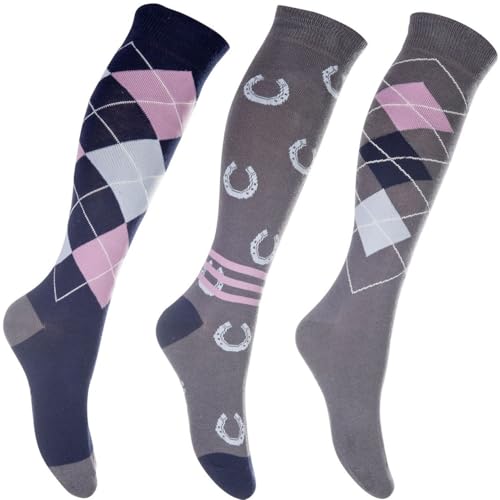 RL24 - Reitsocken Basicline 3er Set – Kniestrümpfe zum Reiten – Damen & Herren Socken – atmungsaktive Reitersocken – Unisex Reitstrümpfe – Reitzubehör in Grau/Blau & Größe 39-42