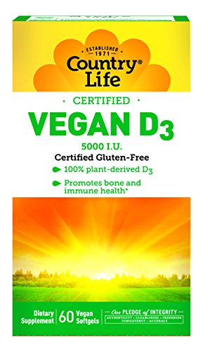 Country Life Vegan D3 125Mcg 5,000 I.u. 100% Plant Derived Vitamin D3 Promotes Bone & Immune Health - Cognitive Health Support Supplement - Vegan, Gluten-Free - 60 Vegan Softgels #TOP11