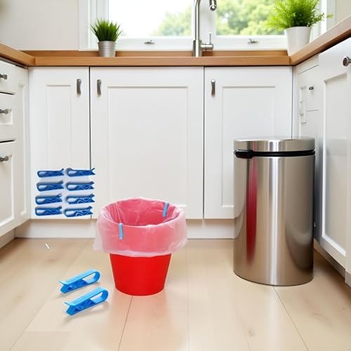 Image of 10 Pcs Blue Plastic Kitchen Garbage Bin Clip Bag Clips - Anti-Slip Fixation Clamp for Trash Cans Garbage Bins