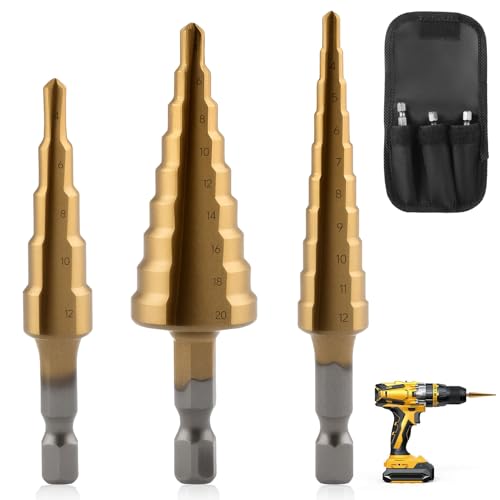 Aihoom 3Pcs Step Drill Bit Set, HSS Step Cone Drill Titanium Coated Hole Cutter Bit Set, Surface Coated Cone Cutter, High Speed Hex Shank for Metal, Plastic Stainless Steel, DIY Power Tools