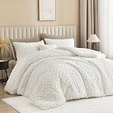 Andency Fluffy Sherpa Queen Comforter Set, Super Soft White Fleece Warm Bedding for Winter, Luxury Jacquard Boho Thick Fuzzy Plush Bed Set 3 Pieces(1 Shaggy Comforter, 2 Pillowcases)