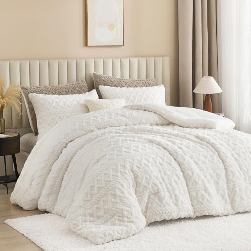 Andency Fluffy Sherpa Queen Comforter Set, Super Soft White Fleece Warm Bedding for Winter, Luxury Jacquard Boho Thick Fuzzy Plush Bed Set 3 Pieces(1 Shaggy Comforter, 2 Pillowcases)