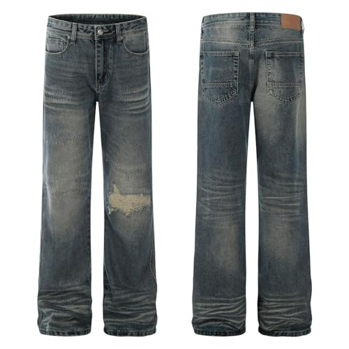Jeans Pants Trousers Denim Retro Street Trendy Punched Water Washed Blue Loose Micro Horn Commuter Straight for Men 6
