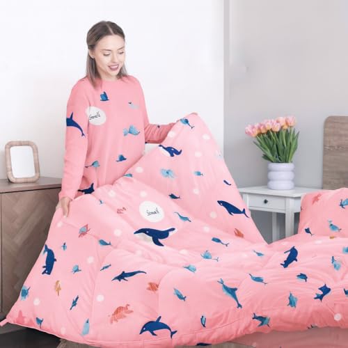 Image of 200 GSM 400 TC Kids Glace Cotton Reversible Cartoon Printed Double Bed King Size Comforter with Matching Bedsheet 90 * 100 with 2 Pillow Covers Set of 4 Pieces (Shark)