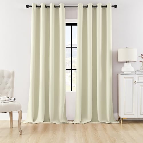 Image of HUTO Beige Blackout Curtains and Drapes for Bedroom - Extra Long Room Darkening Thermal Insulated Solid Window Antique Copper Grommet Draperies for Living Room (Cream White, 1 Pair, 52 x 96-Inch)