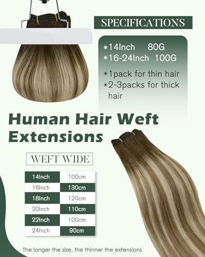Image of Ugeat Weft Hair Extensions Human Hair, Human Hair Sew in Extensions 20 Inch 100g, Sew in Extensions Double Weft, Dark Brown Balayage Light Brown Mix Medium Blonde