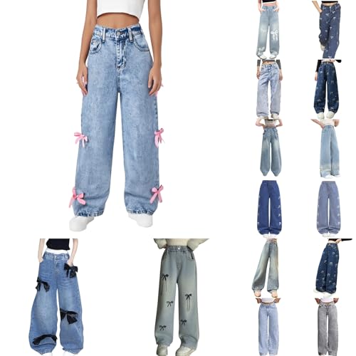 Girls Wide Leg Jeans Bow Embroidered Denim Pants with Pockets Loose Elastic Waist Casual Streetwear Y2K Trousers 4-13Y