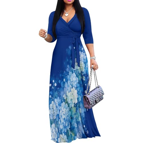 Image of Plus Size Maxi Dress for Women V Neck 3 /4 Sleeve Wrap Dress Blue S | Blue Floral Women's Maxi Dress for Mother's Day Wedding Women's Day